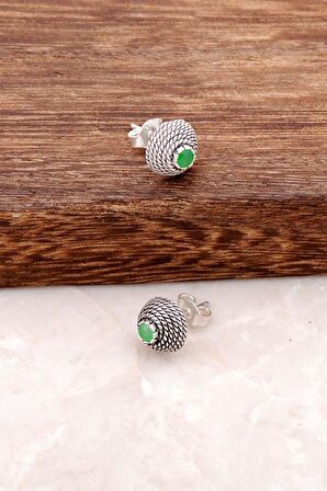 Kök Zümrüt Taşlı Tel Burma Gümüş Mini Küpe 485