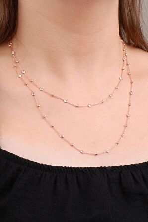 Rose Gümüş Toplu Sıra Taşlı 95 Cm Kolye 6626