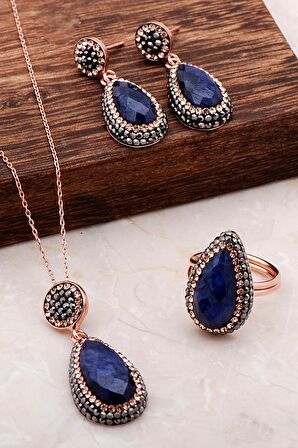 Safir Taşlı Damla Rose Gümüş Set 2075