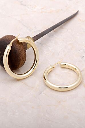 Trend Altın Yaldızlı Gümüş Kalın 37 mm Halka Küpe 4976