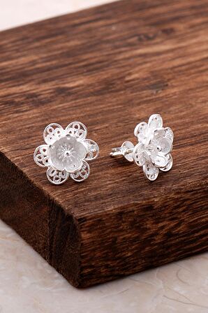 Telkari İşlemeli Çiçekli Gümüş Küpe 5003