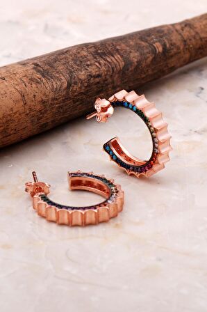 Rose Gümüş 19 Mm Mix Taşlı Halka Küpe 5038