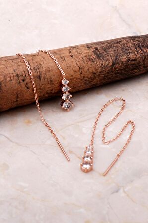 Rose Gümüş Sıra Taşlı Zincir Küpe 5083