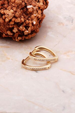 Taşlı Altın Yaldızlı Gümüş Halka Küpe 5158