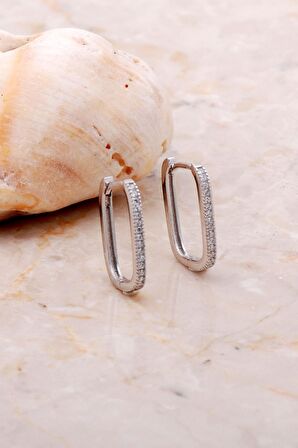 Taşlı Dikdörtgen Gümüş Halka Küpe 5159