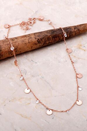 Pullu Sallantılı Taşlı Rose Gümüş Kolye 7108