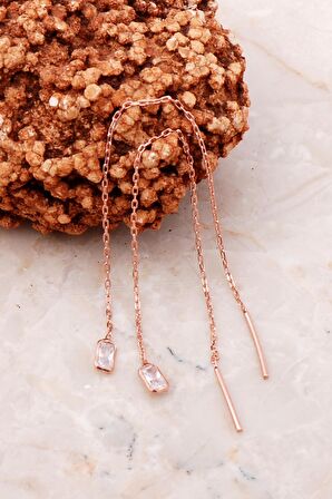 Baget Rose Gümüş Baget Taşlı Zincir Küpe 5202