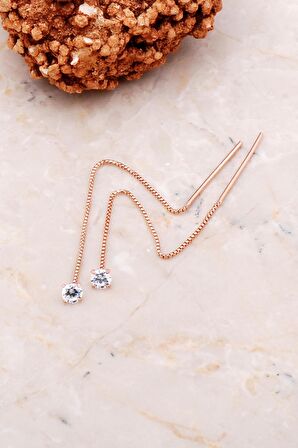 4 mm Tek Taş Rose Gümüş Zincir Küpe 5292