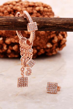 Kare Model Taşlı Rose Gümüş Kombin Şans Küpe 5467