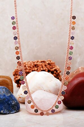 Mix Taşlı Rose Gümüş Choker Kolye 7221