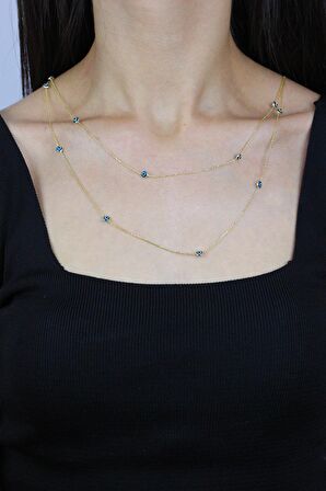 Nazar Boncuklu 115 cm Altın Yaldızlı Gümüş Kolye 7254 