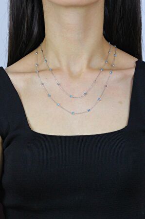Turkuaz Taşlı 92 cm Rodyumlu Gümüş Kolye 7258