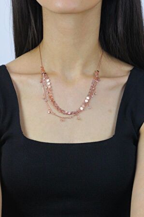 Taşlı ve Pullu Üçlü Tasarım Rose Gümüş Kolye 7277