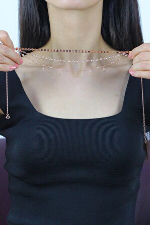 Taşlı ve Pullu Üçlü Tasarım Rose Gümüş Kolye 7277