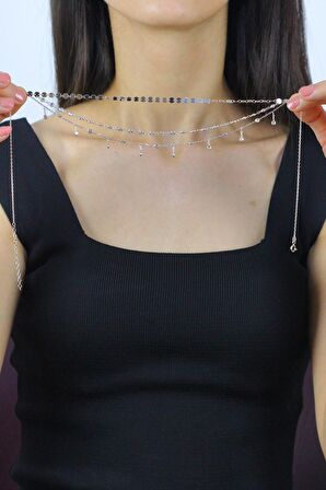 Taşlı ve Pullu Üçlü TAsarım Rodyumlu Gümüş Kolye 7278
