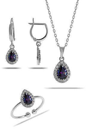 Mistik Topaz Taşlı Damla Mini Rodyumlu Gümüş Set 2310