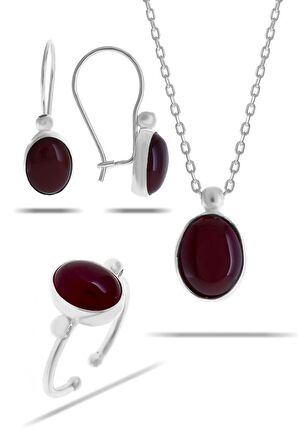 Akik Taşlı Rodyumlu Gümüş Set 2323