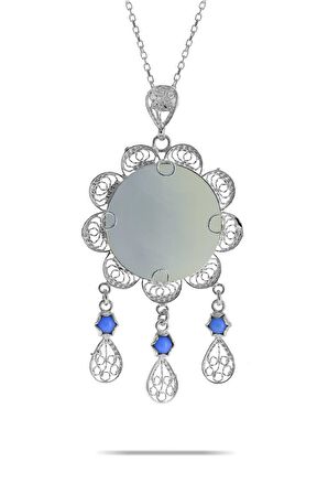 Sedef Taşlı Telkari İşlemeli Gümüş Kolye 7357