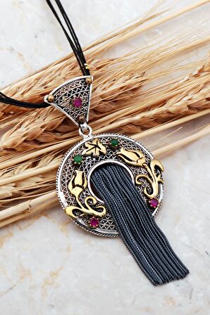 Sümer Lale Telkari Elişi Püsküllü Gümüş Kolye 7398