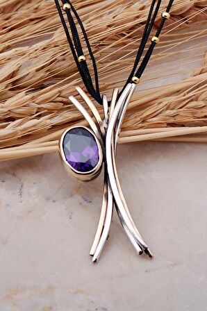 Ametist Taşlı Elişi Tasarım Gümüş Kolye 7427