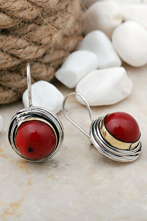 Mercan Taşlı Tel Sarma Elişi Gümüş Küpe 5612