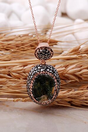 Doğal Krizopraz Taşlı Oval Rose Gümüş Kolye 7437