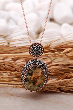 Doğal Krizopraz Taşlı Oval Rose Gümüş Kolye 7438