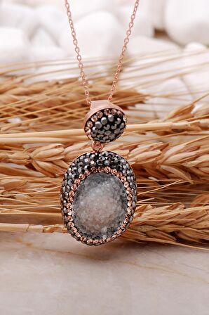 Doğal Kalsedon Taşlı Oval Rose Gümüş Kolye 7440