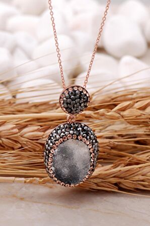 Doğal Kalsedon Taşlı Oval Rose Gümüş Kolye 7440