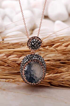 Doğal Kalsedon Taşlı Oval Rose Gümüş Kolye 7441