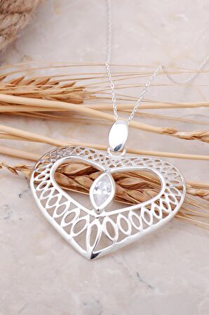 Taşlı Kalp Tasarım Gümüş Kolye 7501