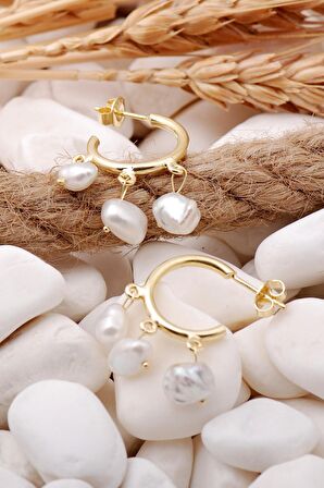 İnci Taşlı Altın Yaldızlı Gümüş Halka Küpe 5705