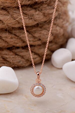 İnci Taşlı Rose Gümüş Trend Kolye 7632