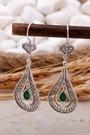 Kök Zümrüt Taşlı Damla Telkari Elişi Gümüş Küpe 5769