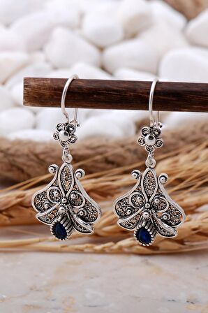 Safir Taşlı Telkari Elişi Gümüş Küpe 5772