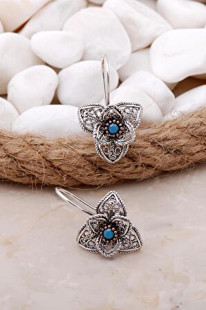 Turkuaz Taşlı Telkari Açelya Çiçeği Gümüş Küpe 5787