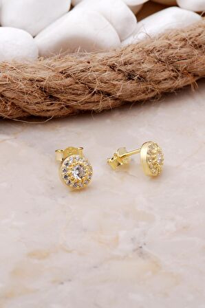 Elmas Montürlü 7 Mm Altın Yaldızlı Gümüş Küpe 5798