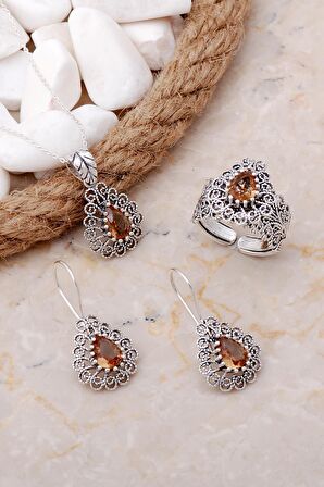 Sultan Taşlı Damla Telkari Elişi Gümüş Set 2554