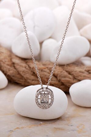 Baget Oval Rodyumlu Gümüş Kolye 7721