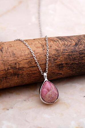 Doğal Rodonit Taşlı Damla Mini Rodyumlu Gümüş Kolye 7733