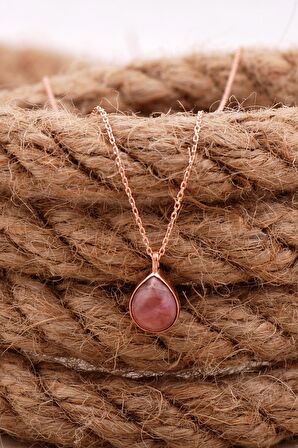 Doğal Rodonit Taşlı Damla Mini Rose Gümüş Kolye 7734