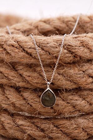 Doğal Labradorit Taşlı Damla Mini Rodyumlu Gümüş Kolye 7736