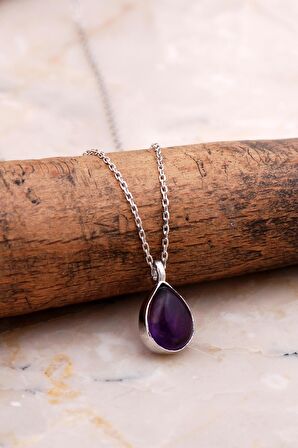 Doğal Ametist Taşlı Damla Mini Rodyumlu Gümüş Kolye 7742