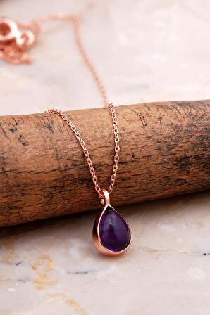 Doğal Ametist Taşlı Damla Mini Rose Gümüş Kolye 7743