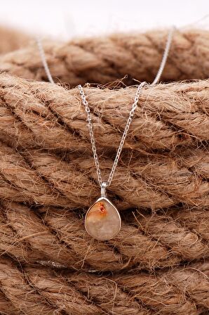 Doğal Sarı Rutil Kuvars Taşlı Damla Mini Rodyumlu Gümüş Kolye 7745