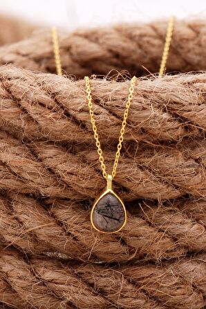 Doğal Rutil Kuvars Taşlı Damla Mini Altın Yaldızlı Gümüş Kolye 7747