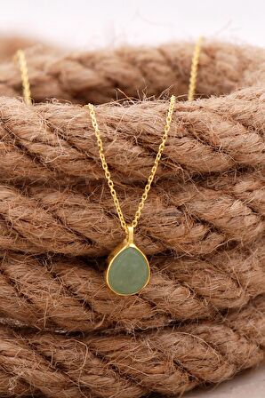 Doğal Prehnit Taşlı Damla Mini Altın Yaldızlı Gümüş Kolye 7753 