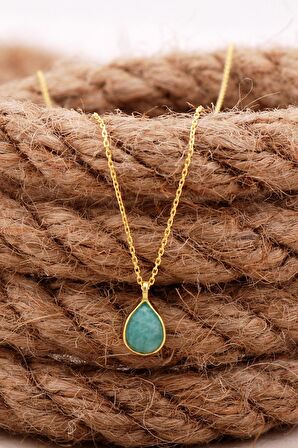 Doğal Amazonit Taşlı Damla Mini Altın Yaldızlı Gümüş Kolye 7756