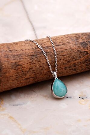 Doğal Amazonit Taşlı Damla Mini Rodyumlu Gümüş Kolye 7757