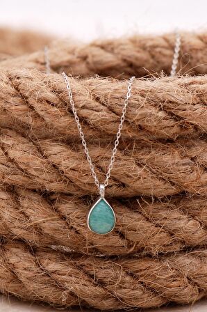 Doğal Amazonit Taşlı Damla Mini Rodyumlu Gümüş Kolye 7757